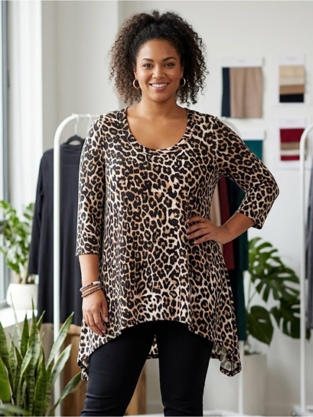 Chaus Leopard-Print Scoop Neck Tunic Top - Tan and Black